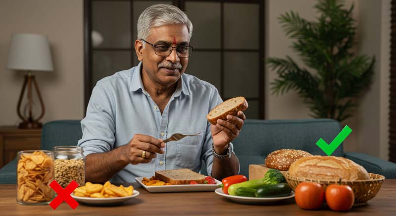 Relaxed home scene featuring a satisfied 50-year-old Indian man easily making simple food swaps, choosing whole-grain bread and fresh vegetables instead of processed snacks.