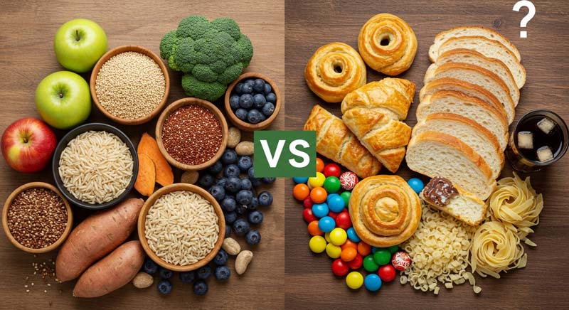 Split-screen comparison of whole-food carbohydrate sources like fruits, vegetables, and grains versus processed carbohydrates including pastries, sweets, and soda, emphasising nutrition for health and performance.