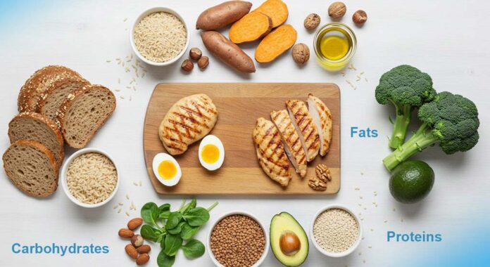 A flat-lay of diverse whole foods representing macronutrients, including grilled chicken, eggs, and lentils for protein; sweet potatoes, brown rice, and whole grain bread for carbohydrates; and avocado, olive oil, and nuts for fats, all arranged on a white background around a central wooden board.