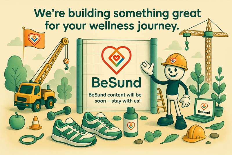 BeSund page under construction illustration showing a cheerful wellness-themed construction site with logo, equipment, and nature