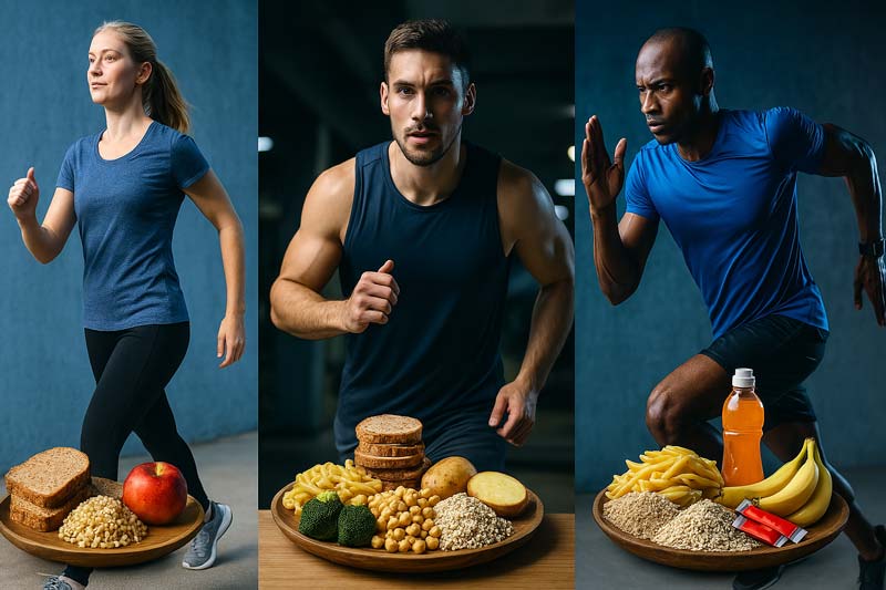 A split-frame image showing three exercisers in motion with determined expressions: a casual walker with a small plate of whole grains and fruit, a gym-goer with a balanced meal of carbohydrates, and an endurance athlete with energy gels, bananas, and oats, each highlighting their specific carbohydrates macronutrient requirements.