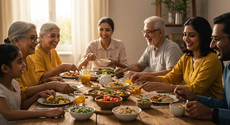 A joyful multigenerational Indian family gathered around a wooden dining table, sharing a colourful and nutritious meal in a warm, naturally lit home environment.