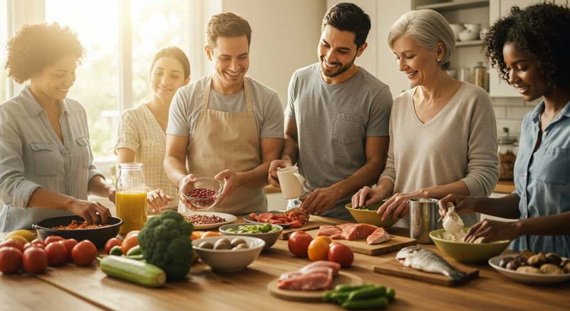 A multigenerational group preparing a nutritious meal together in a sunlit kitchen, with visible protein sources like fish, beans, eggs, and protein powder spread across the table, creating a warm, collaborative atmosphere.
