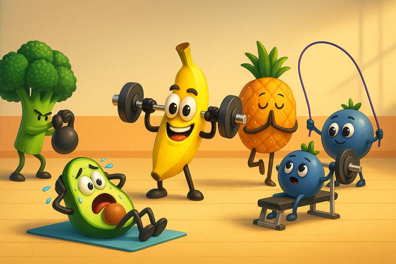 Fruitness Class in Action Anthropomorphic fruits and vegetables working out together in a bright gym, created for BeSund's 404 Page.