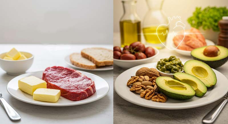 A split-screen image comparing two plates of food in a clinical setting: the left shows butter, red meat, and processed foods under harsh lighting, while the right shows olive oil, fish, nuts, and avocado under warm lighting with a glowing heart shape in the background.