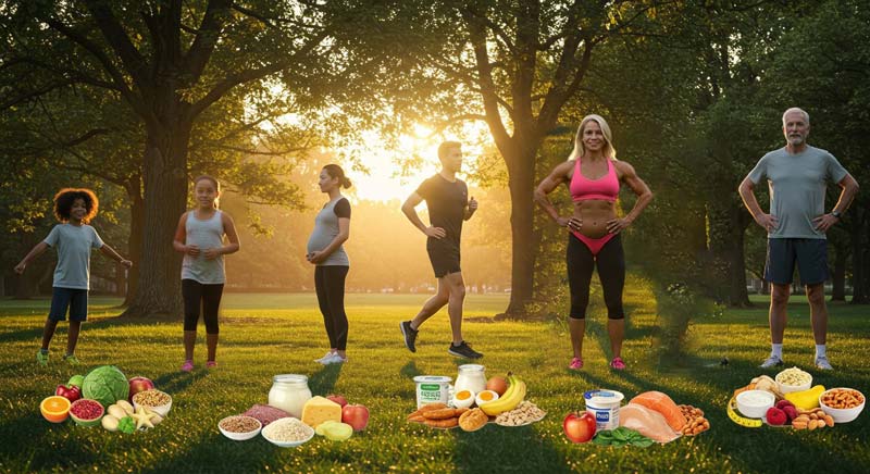 A wide-format image of five people in a park—child, pregnant woman, endurance runner, bodybuilder, and older adult—each surrounded by foods tailored to their macronutrient needs, with soft lighting and coloured auras symbolising individual nutritional focus.
