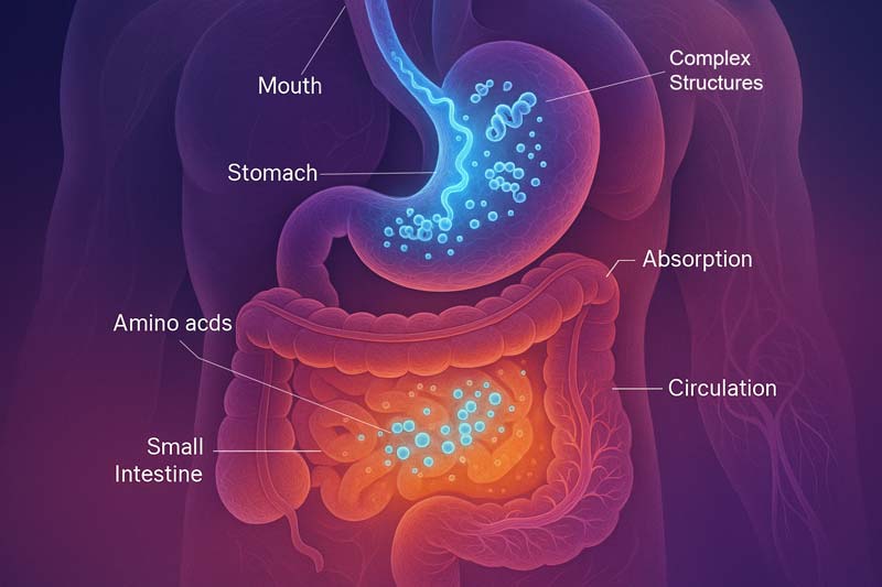 A scientific cross-section illustration of the human digestive system showing the stages of protein digestion with glowing blue highlights through the mouth, stomach, small intestine, and bloodstream.