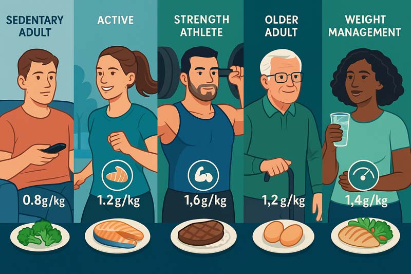 A split-screen image showing five individuals with diverse lifestyles—each paired with a protein-rich meal—visually representing their unique protein macronutrient needs through symbolic icons and portion sizes.