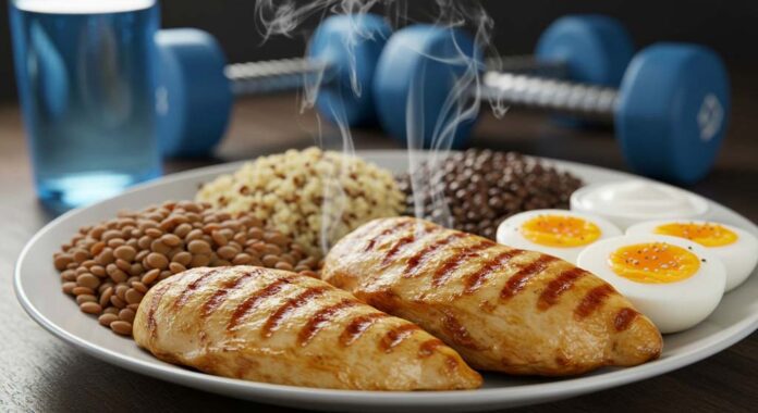 A plate of grilled chicken, lentils, quinoa, soft-boiled eggs, and Greek yogurt steaming fresh, with a water bottle and dumbbells in the background to reflect the importance of protein macronutrient for active lifestyles.
