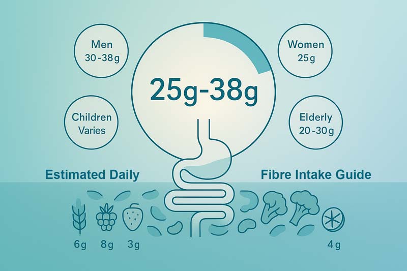 A clean infographic featuring a central dial marked “25g–38g” as the optimal fibre intake, surrounded by four minimalist circular indicators for men, women, children, and elderly, with food icons at the bottom showing fibre content, all on a soft teal to blue gradient background.