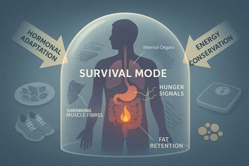A digital illustration depicts a conceptual representation of the body under calorie restriction, showing a silhouette inside a glass dome labelled survival mode, with shrinking muscle, fat retention, and metabolic slowdown illustrated through internal icons and external adaptive pressures.