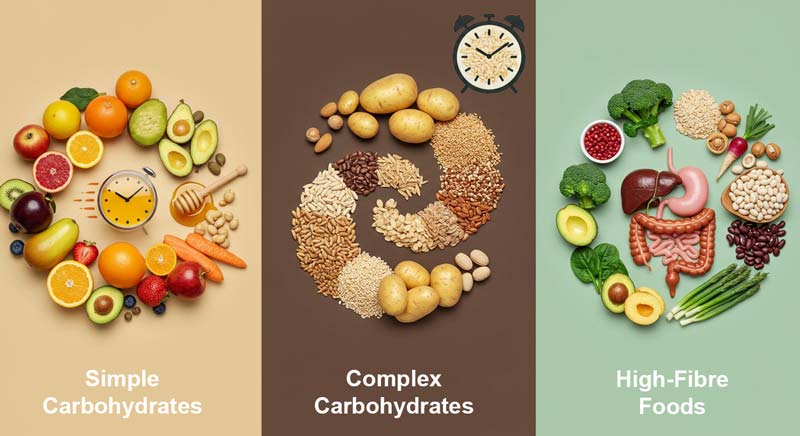 A visually segmented image illustrating simple carbohydrates with fruits and honey, complex carbohydrates with grains and potatoes, and high-fibre foods with vegetables and legumes surrounding a digestive system graphic.