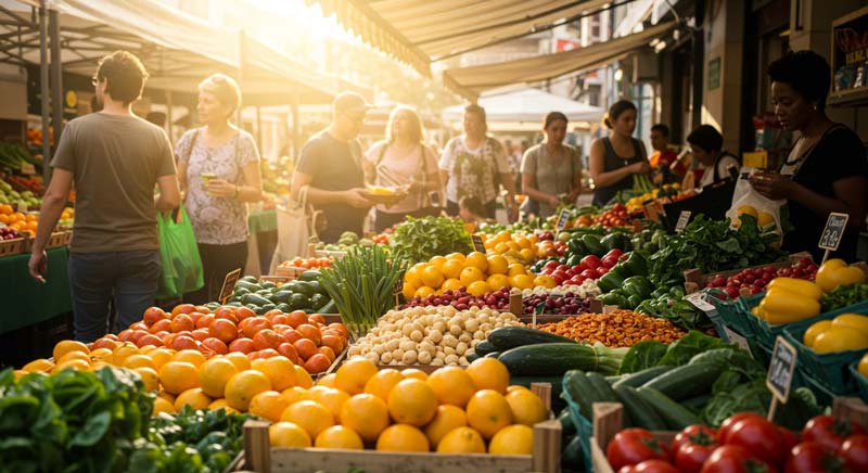 A bustling outdoor farmers market filled with colourful fruits, vegetables, and leafy greens, as people browse and select fresh, nutrient-rich foods under warm afternoon sunlight.