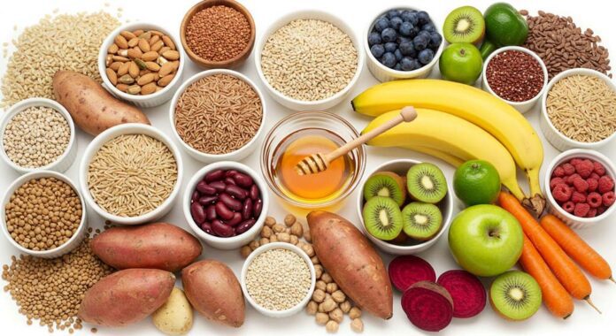 A colourful display of fresh whole food ingredients rich in carbohydrates macronutrient, including grains, fruits, legumes, root vegetables, and honey, all arranged in a circular pattern on a white background.