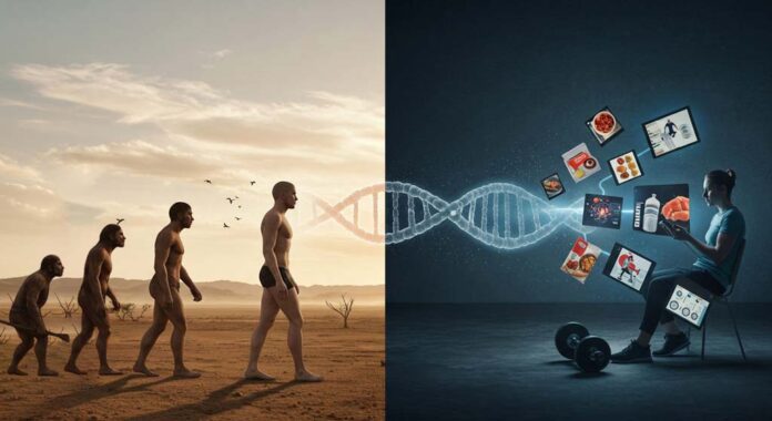 A concept digital illustration visualises the evolutionary roots of weight loss resistance by contrasting a lean prehistoric figure walking through a barren landscape with a modern man fatigued and surrounded by fast food in a sedentary setting, linked by a translucent DNA strand showing our body’s adaptation over time.