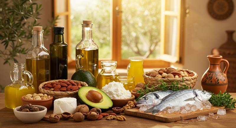 A vibrant Mediterranean kitchen table filled with glass bottles of olive oil, mixed nuts in baskets, fresh avocado halves, soft cheese, and two silver fish on ice, with warm sunlight streaming through an open window and olive trees visible outside.