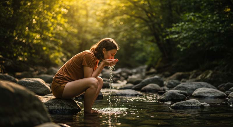 A woman crouches by a clear mountain stream, cupping water in her hands to drink, surrounded by smooth stones and lush green trees, with golden sunlight filtering through the leaves and illustrating a peaceful scene about natural hydration and nutrition myths.