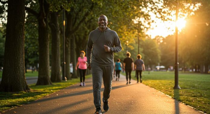 A middle-aged Black man walks confidently through a sunlit park during golden hour, surrounded by others walking in the background. His relaxed pace and peaceful expression reflect healing and resilience after exercise after colon cancer treatment.