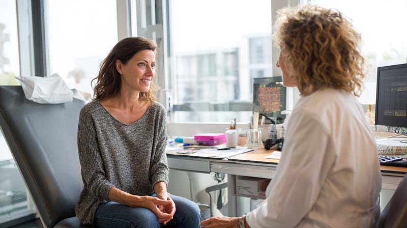 A woman sits attentively in a modern, sunlit medical office while discussing care options with a supportive healthcare provider across the desk.