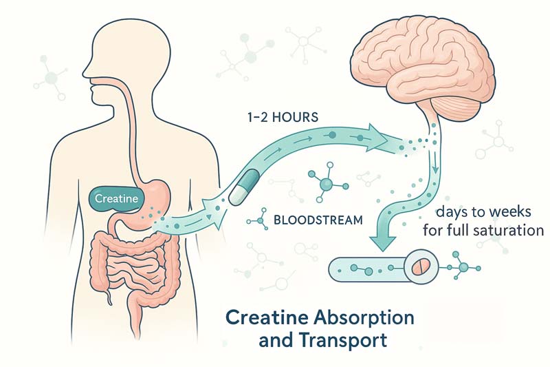 A medical-style infographic shows creatine moving from the digestive system into the bloodstream within 1 to 2 hours and then reaching brain tissue over days to weeks for full saturation, clearly illustrating the process of creatine for brain health.