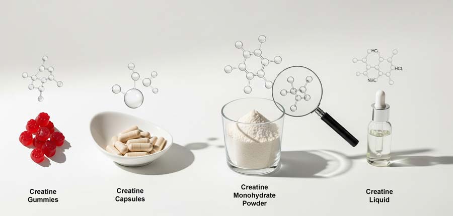 A clean comparison layout shows different creatine supplement forms including powder in a glass, capsules in a dish, an energy drink can, and chewables in a bottle, with a magnifying glass highlighting the creatine molecular structure above them.