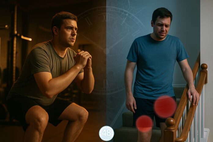 A split-screen image of the same average fitness person with a normal body type, showing them mid-squat in a gym on the left and carefully walking down stairs 48 hours later with a pained expression, illustrating DOMS muscle soreness after exercise.