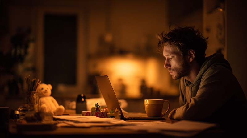 A tired but focused young dad sits at a kitchen table late at night, working on a laptop with a warm cup of tea beside paperwork and children’s toys, while soft amber lighting creates a calm yet determined atmosphere.