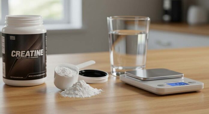 A neatly scooped 5g serving of creatine fitness supplement sits beside a small mound of powder, an open container, a glass of water, and a digital scale on a clean wooden table in a bright kitchen setting.