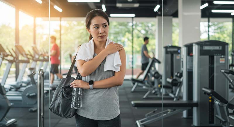 A woman in her 30s stands at the entrance of a gym with a towel over her shoulder and a gym bag in hand, gently holding her shoulder with a thoughtful expression as she considers her next move, with fitness equipment and other people exercising in the background.