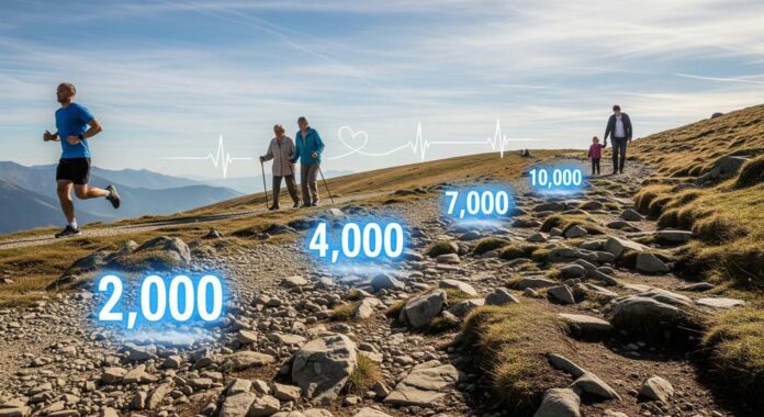 A mountain trail in daylight with a jogger, an elderly couple walking with poles, and a parent with a child, passing glowing markers of 2,000, 4,000, 7,000, and 10,000 steps that illustrate how many steps a day contribute to better health.
