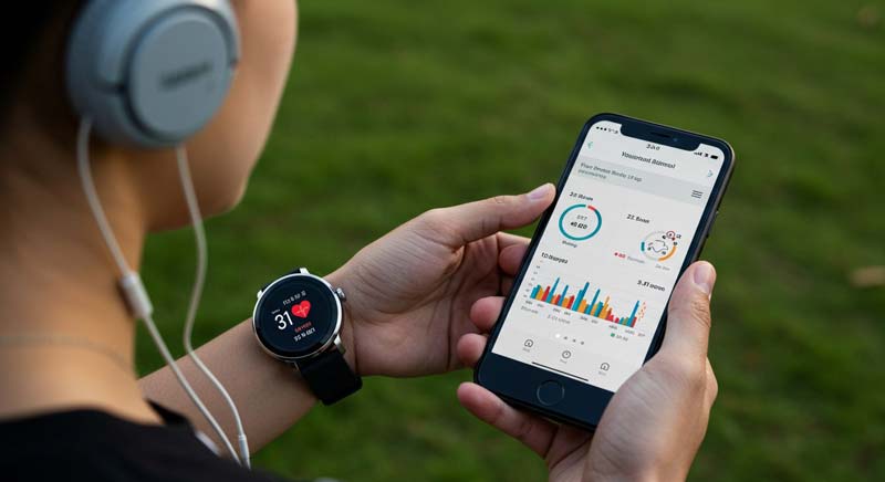 A close-up of a person walking outdoors wearing over-ear headphones, checking their smartwatch for heart rate and smartphone for step count and charts, showing how many steps a day support health monitoring.