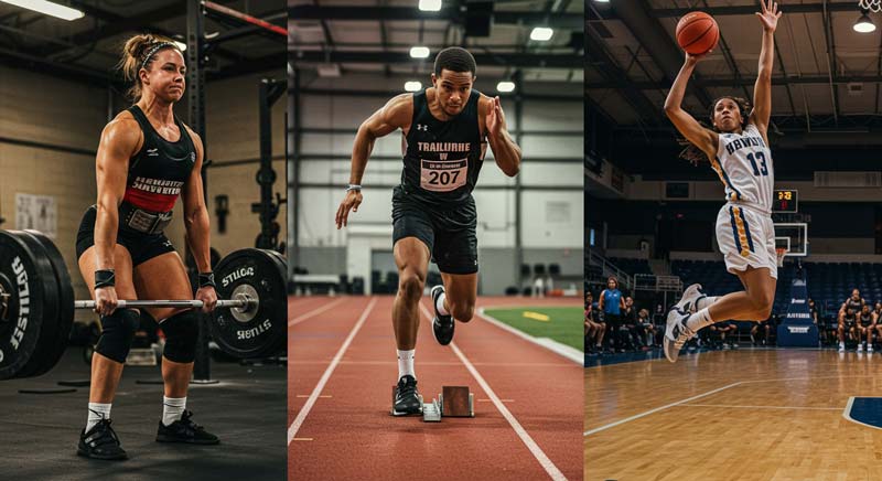 A split-screen showing a female powerlifter deadlifting, a male sprinter launching from starting blocks, and a female basketball player dunking during a game.