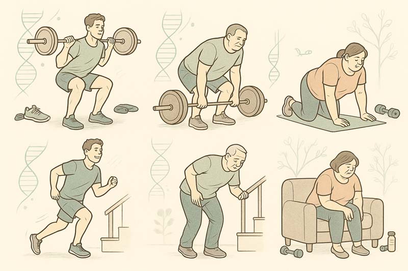 An infographic-style illustration showing eight panels of different people across ages and body types performing exercises such as squats, deadlifts, push-ups, and yoga, paired with contrasting recovery experiences including running, stretching, careful stair use, and resting on a sofa, with subtle DNA strands and family tree motifs in the background.