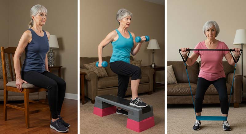 An older woman performs resistance exercises at home including chair dips, step ups with dumbbells, and squats with a resistance band, showing how everyday activity supports strength and how the body needs resistance to stay healthy.