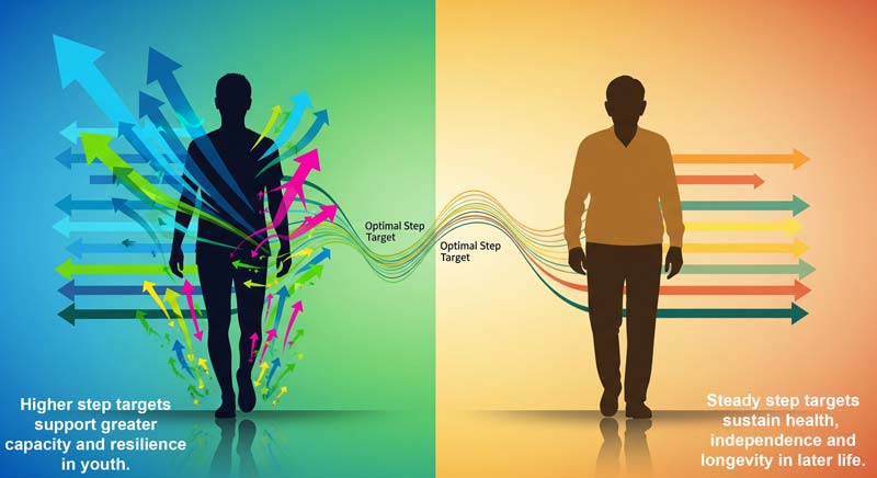 A split-screen digital artwork showing a younger person walking on the left surrounded by energetic blue and green arrows and graphs, and an older person walking on the right surrounded by warm orange waves, connected by flowing lines representing different step targets.