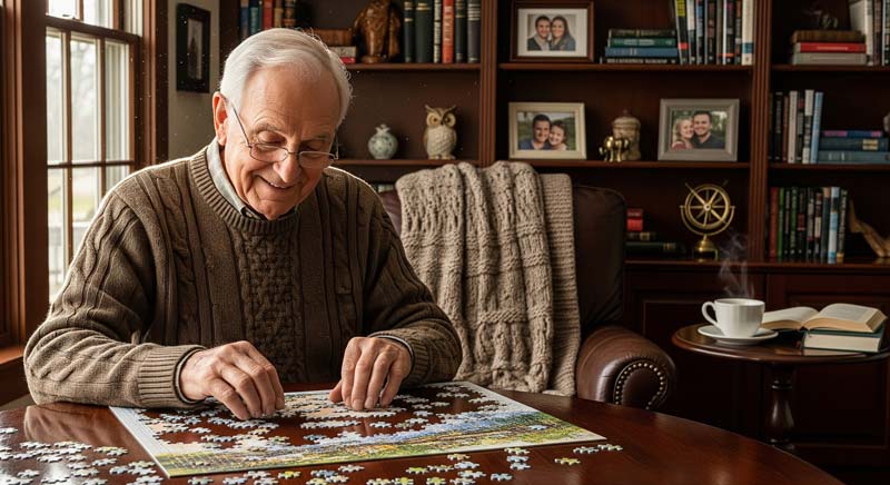An elderly gentleman sits at a polished wooden table in a cozy home library, smiling contentedly as he works on a puzzle. Afternoon sunlight streams softly through the window, with bookshelves, family photos, and a steaming cup of tea in the background, reflecting satisfaction, cognitive sharpness, and the benefits of creatine for brain health.