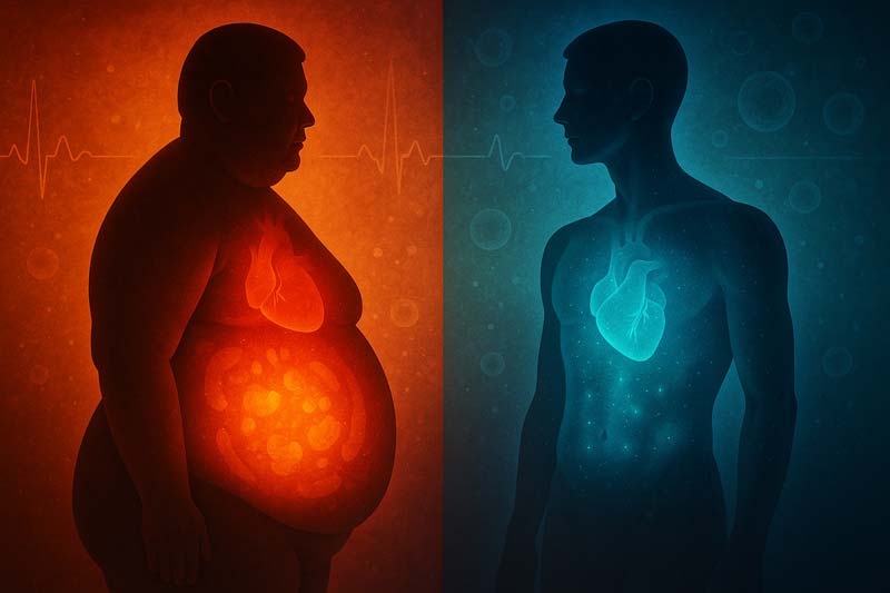 Illustration of two human silhouettes side by side, one showing excess visceral fat in warm red tones and the other showing healthy body composition in cool blue tones.