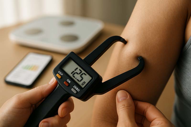 Close up of digital callipers measuring a skinfold test on the arm with a visible reading, with a blurred scale and smartphone in the background.