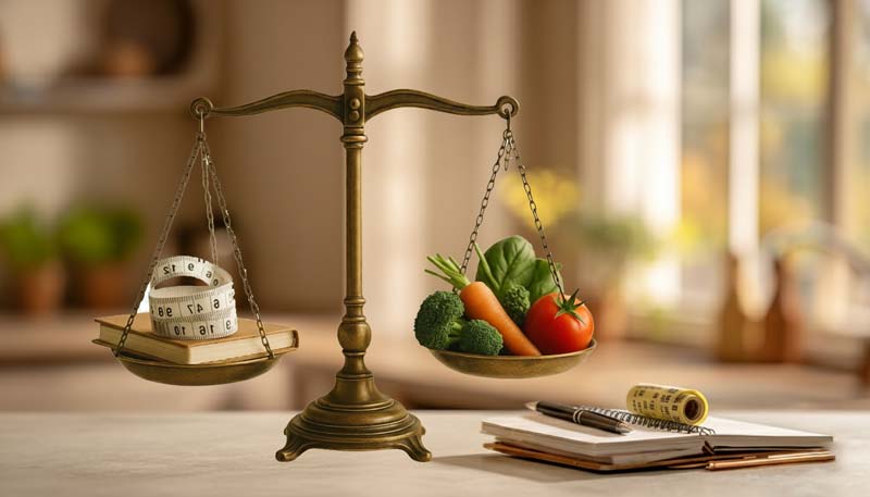 A realistic photograph showing an antique brass balance scale on a light surface, with one side holding fresh vegetables and fruits and the other side holding a measuring tape and small notebook, symbolising balance between nutrition and measurement in health and wellness.
