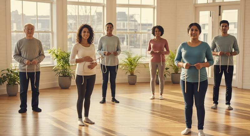 A diverse group of adults of different ages and backgrounds stand in a bright wellness studio, each holding a measuring tape around their waist in a relaxed way as part of a waist circumference assessment, creating an inclusive and encouraging health awareness scene.