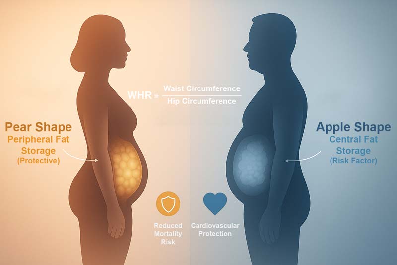 A conceptual illustration showing a pear-shaped female and apple-shaped male in profile, set against a soft gradient background shifting from peach to blue. A delicate white line and floating WHR formula connect both figures, representing the waist-to-hip ratio. The pear figure glows with golden tones highlighting gluteofemoral fat and reduced mortality risk, while the apple figure shows blue central fat linked to cardiovascular protection, illustrating hip circumference measurement and fat distribution differences with balance and clarity.