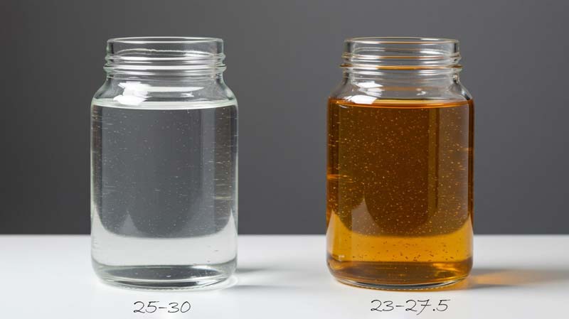 Two identical glass jars filled with water sit side by side on a white surface against a neutral grey background. The left jar contains clear water with the numbers 25–30 written beneath it, while the right jar holds subtly amber-tinted water with the numbers 23–27.5 below, representing how BMI and ethnicity define different health thresholds despite similar appearances.