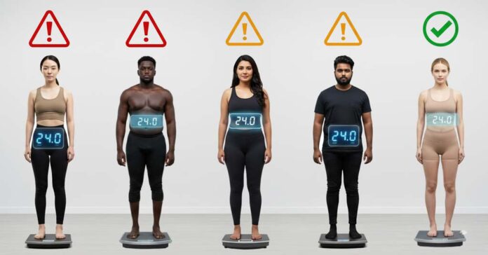 A diverse group of five individuals representing different ethnicities stand side by side on digital scales displaying identical BMI readings of 24.0, each with coloured symbols above their heads showing varying health risk levels. This image visually represents how BMI and ethnicity together influence health risk classification.