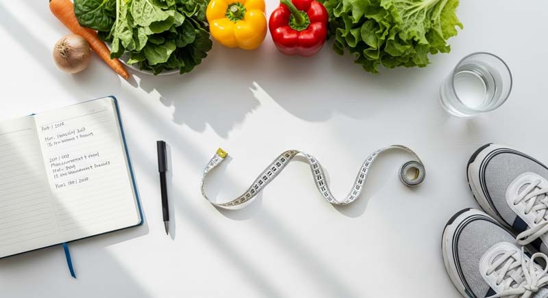 Overhead flat lay on a white surface showing a cloth measuring tape in an S-curve at the centre, surrounded by an open notebook with handwritten tracking notes, a black pen, a glass of water, fresh leafy greens and bell peppers, and a pair of walking shoes arranged in soft natural light.