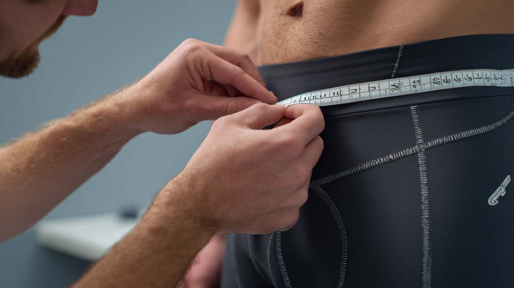 A clinician measures the hip circumference of a male subject by positioning a flexible tape horizontally around the widest part of his hips at the gluteal fold. The man stands wearing dark, form-fitting athletic wear while the assessor applies gentle, even tension, demonstrating accurate hip circumference measurement technique in a clinical environment.