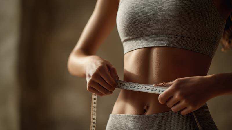 A person wearing light grey athletic clothing measures their waist using a white tape marked with centimetres, demonstrating correct technique for waist circumference assessment.