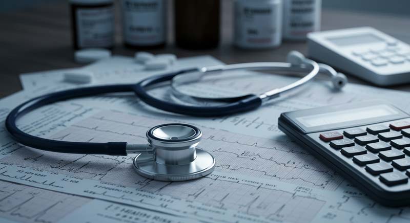 A conceptual medical photograph showing a stethoscope, calculator, ECG charts, and health risk graphs arranged on a white desk under soft directional light, symbolising clinical analysis and comprehensive health assessment.