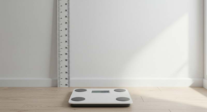 A minimalist digital photograph showing a sleek bathroom scale positioned on pale wooden flooring directly beneath a wall-mounted height ruler that begins at the floor, perfectly aligned to illustrate body mass index measurement with clean natural lighting and a premium aesthetic.