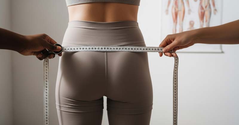 Two professional hands position a measuring tape horizontally around a woman’s hips at the maximum gluteal circumference. The subject wears neutral, form-fitting athletic clothing as the tape lies flat without twists, showing correct tension and alignment. The softly lit clinical setting, with an anatomical chart visible in the background, emphasises precision, professionalism, and standardised measurement practice.
