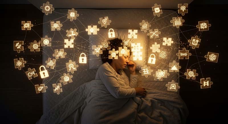 Overhead view of a South American woman in her fifties sleeping peacefully in bed surrounded by glowing puzzle pieces that connect and float above her head forming patterns of light that symbolise how sleep improves brain memory by linking thoughts and solving problems subconsciously.